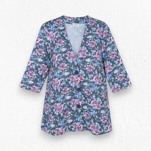 1980s Vintage Floral Navy Lightweight Cottage Wearable Art Blazer Jacket Size XL